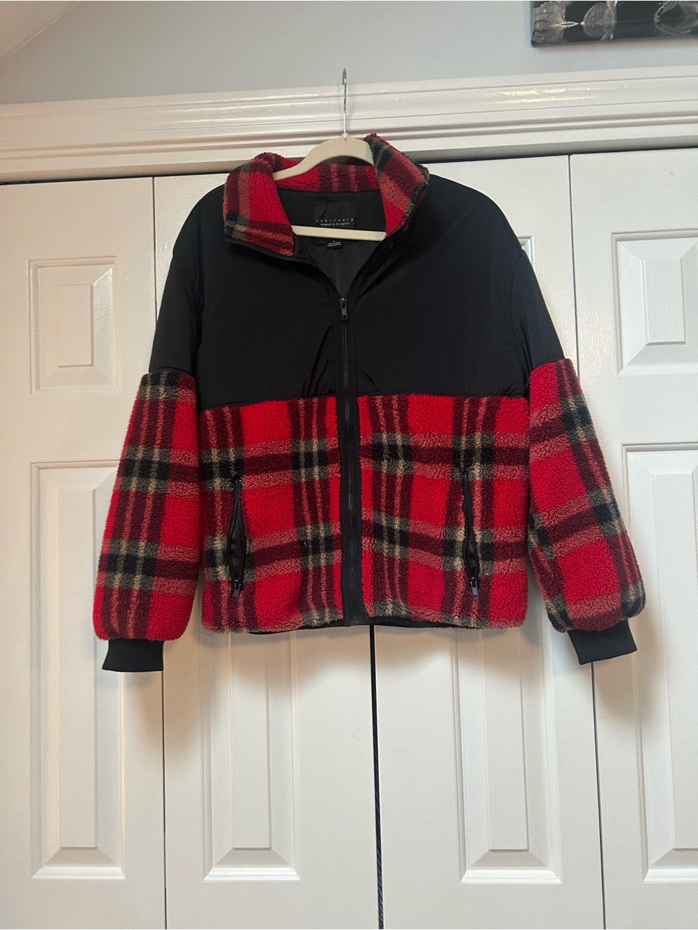 Sanctuary Red Plaid Teddy Jacket with Black Panels